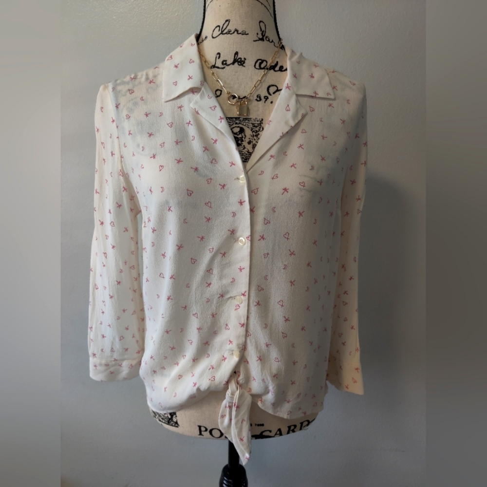 LC Lauren Conrad heart button down top tie waist size small euc
